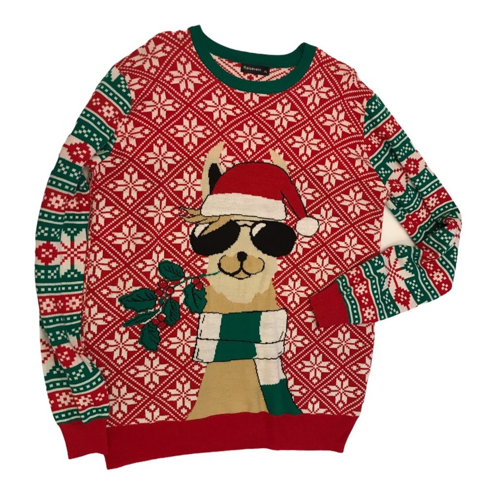 Raisevern Mens LLama Ugly Christmas Sweater Red Green Size XL